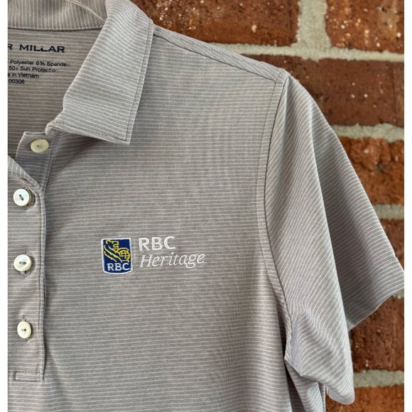 Peter Millar Gray Stripe Golf Polo RBC Heritage Boeing Women’s M UPF 50+ - Picture 6 of 10